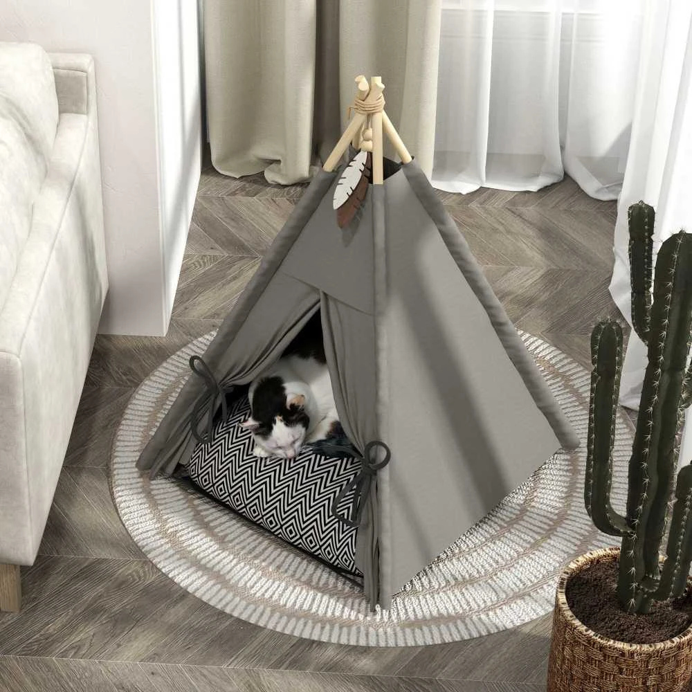 PawHut tipi palapinė augintiniams, kačių palapinė su nuimama ir plaunama pagalvėle, kačių namelis neslystančiu pagrindu, su žaisliniu kamuoliuku, katėms iki 5kg, mažų veislių šunims, 60 x 60 x 76 cm, pilka