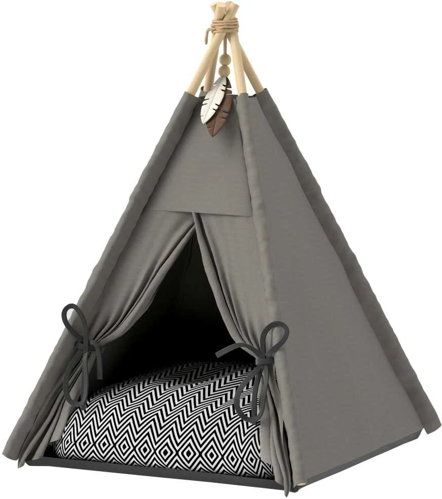 PawHut tipi palapinė augintiniams, kačių palapinė su nuimama ir plaunama pagalvėle, kačių namelis neslystančiu pagrindu, su žaisliniu kamuoliuku, katėms iki 5kg, mažų veislių šunims, 60 x 60 x 76 cm, pilka