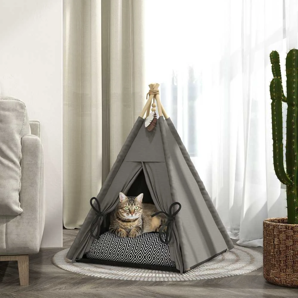 PawHut tipi palapinė augintiniams, kačių palapinė su nuimama ir plaunama pagalvėle, kačių namelis neslystančiu pagrindu, su žaisliniu kamuoliuku, katėms iki 5kg, mažų veislių šunims, 60 x 60 x 76 cm, pilka