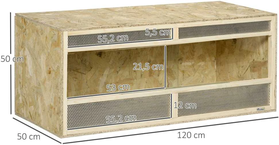 PawHut roplių terariumas, roplių šėrykla su ventiliacijos grotelėmis, stumdomos stiklinės durelės, veisimo dėžė varliagyviams, vorams, natūralios spalvos, 120 x 50 x 50 cm