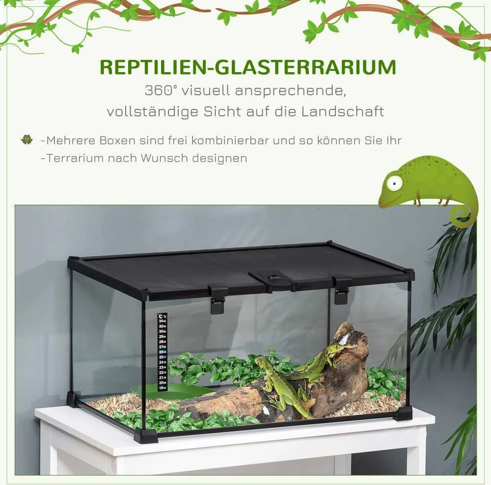 PawHut terariumas ropliams, maitinimo dėžė, stiklinis terariumas amfibijoms ir voragyviams su termometru, 50 x 30 x 25 cm