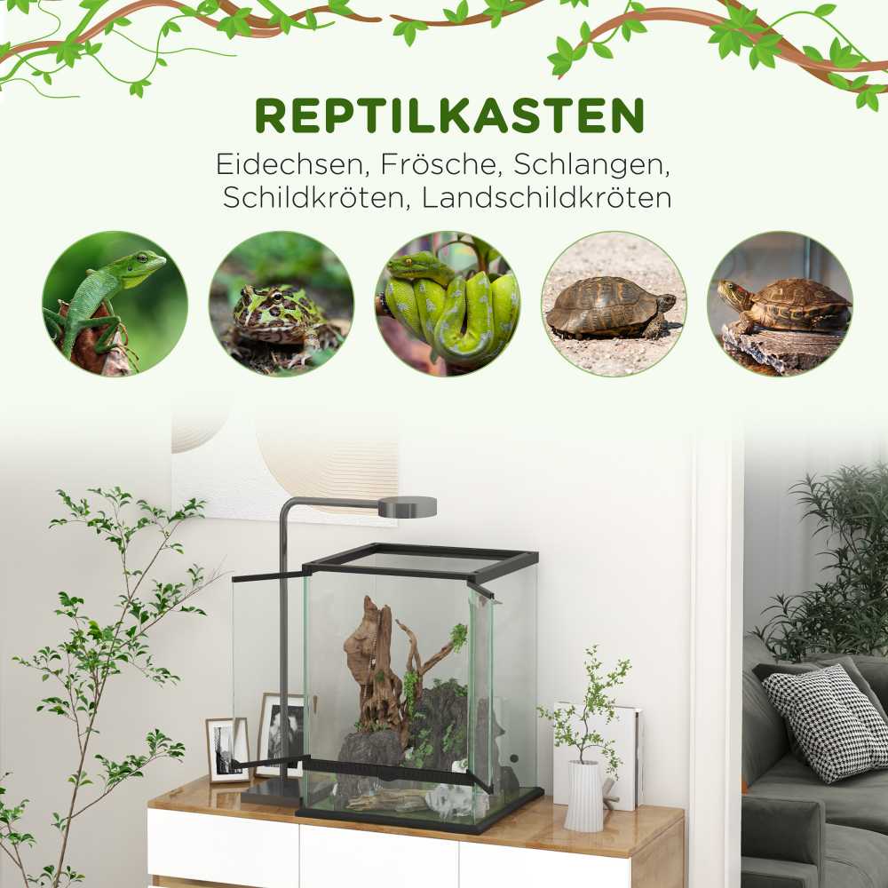 PawHut terariumas ropliams, maitinimo dėžė, apsauga nuo pabėgimo, ventiliacija, 120 l, stiklinis terariumas, kabelių tvarkymas, varliagyviams, vorams, metalinis, juodas, 45x45x60 cm
