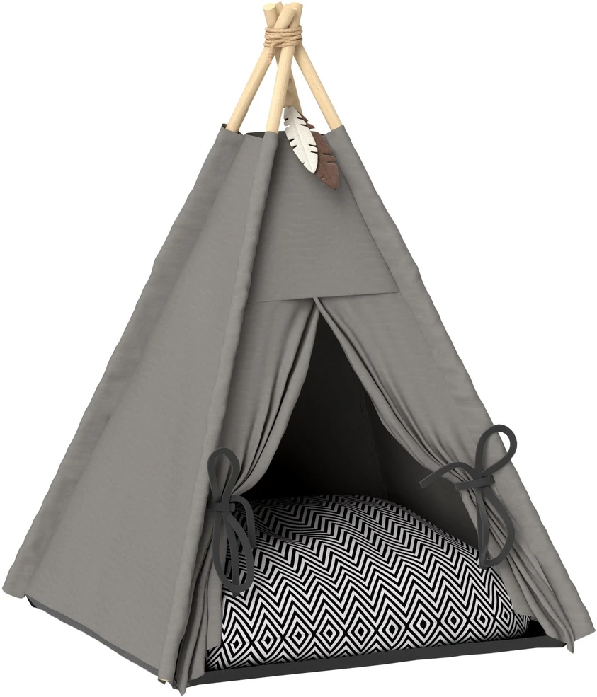 PawHut tipi palapinė augintiniams, kačių palapinė su nuimama ir plaunama pagalvėle, kačių namelis neslystančiu pagrindu, su žaisliniu kamuoliuku, katėms iki 5kg, mažų veislių šunims, 60 x 60 x 76 cm, pilka