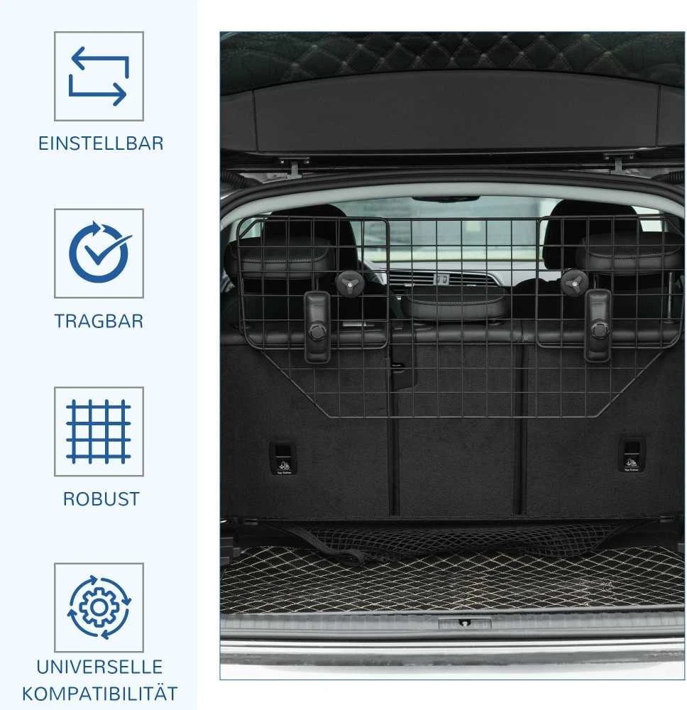 PawHut šunų apsauginės grotelės, universalios automobilių bagažinės grotelės, reguliuojamos pertvaros šunims, metalinės, juodos spalvos, (90-120)x40,5 cm
