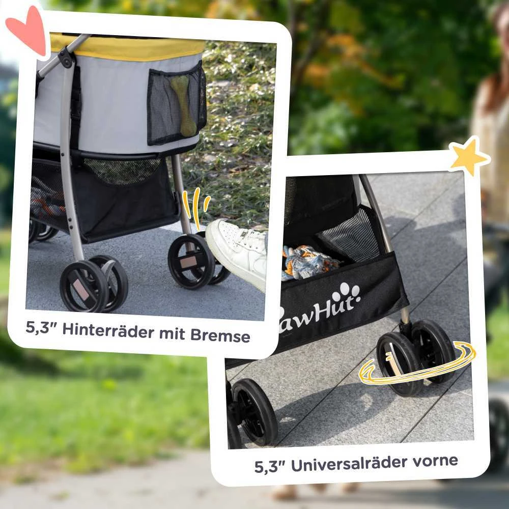 PawHut šunų vežimėlis, 2-in-1 vežimėlis ir nešynė šunims, sulankstomas šunų vežimėlis su pagalve, 4 ratai, tinkliniai langai, Oksfordo audinys, geltonas