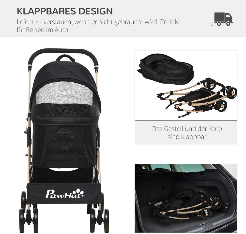 PawHut 2-in-1 šunų vežimėlis ir krepšys nešiojimui, sulankstomas šunų vežimėlis su pagalvėle, 4 ratai, tinkliniai langeliai, Oksfordo audinys, juodas