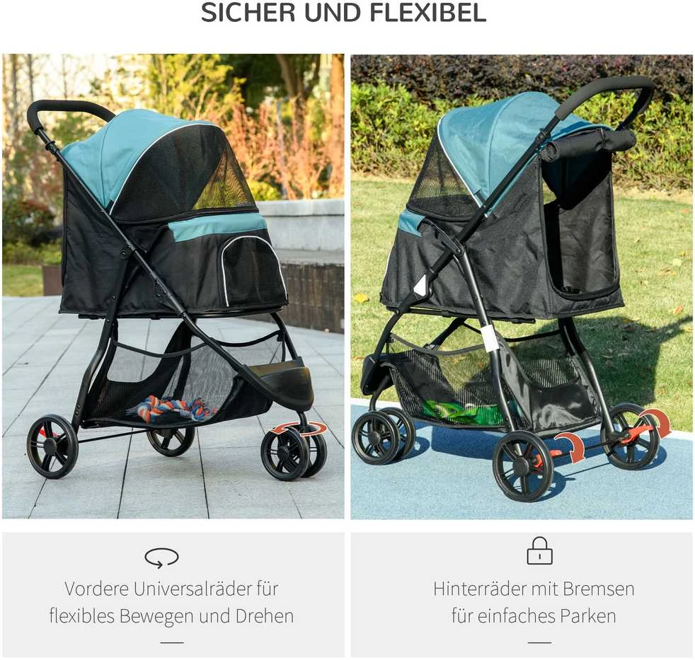 PawHut 2 viename šunų vežimėlis ir kačių vežimėlis, šunų vežimėlis su apsauga nuo lietaus, sulankstomas kačių vežimėlis su tinklelio langeliu mažiems, miniatiūriniams šunims, Oksfordo audinys, tamsiai žalias