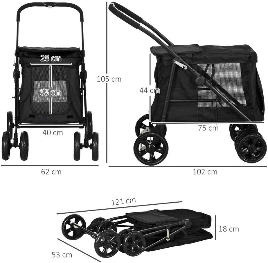 Šunų vežimėlis PawHut, sulankstomas, su šoninėmis kišenėmis, tinkliniais langeliais, mažų ir vidutinių veislių šunims iki 20 kg, Oksfordo audinys, juodas