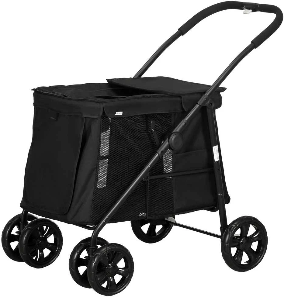 Šunų vežimėlis PawHut, sulankstomas, su šoninėmis kišenėmis, tinkliniais langeliais, mažų ir vidutinių veislių šunims iki 20 kg, Oksfordo audinys, juodas