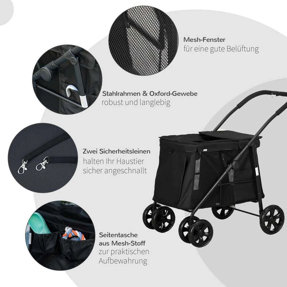 Šunų vežimėlis PawHut, sulankstomas, su šoninėmis kišenėmis, tinkliniais langeliais, mažų ir vidutinių veislių šunims iki 20 kg, Oksfordo audinys, juodas