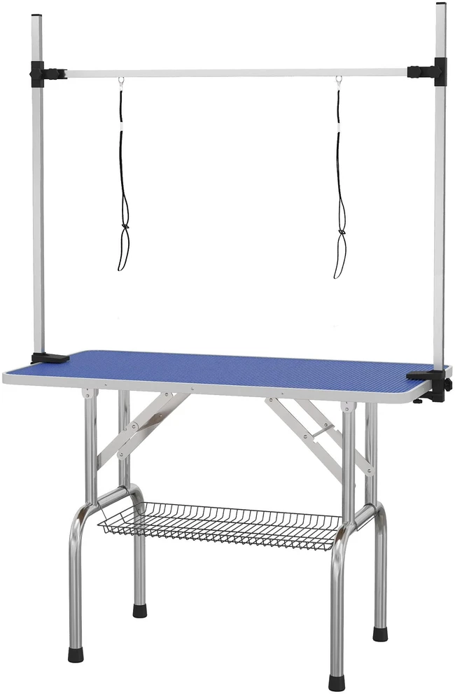 PawHut reguliuojamo aukščio kirpimo stalas šunims su apatiniu krepšiu, sulankstomas, nerūdijantis plienas, mėlynas, 107x60x170 cm