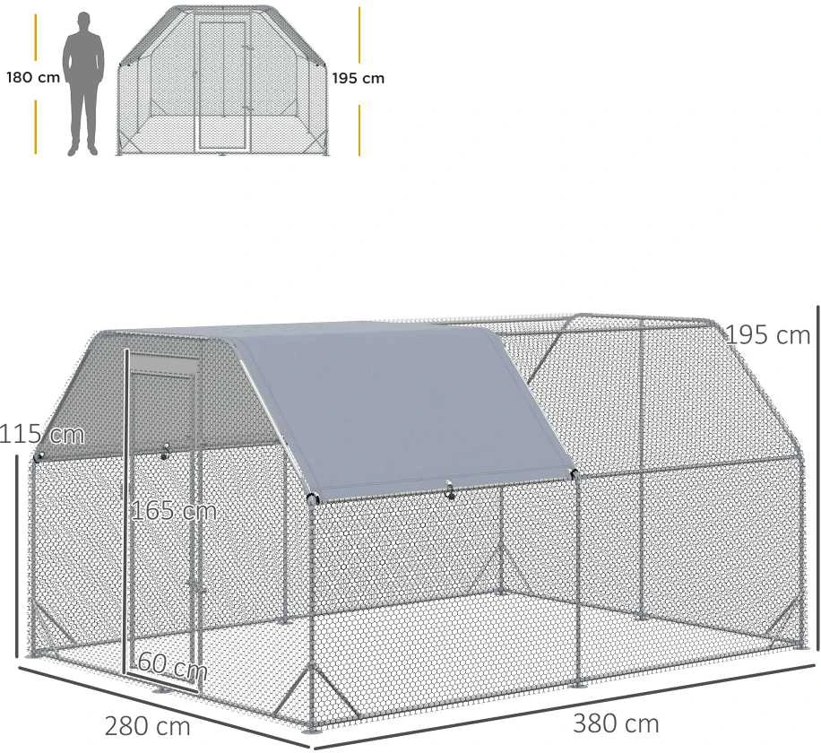 PawHut vištidė su voljeru, didelė, su durelėmis ir vandeniui atspariu stogeliu nuo saulės, skirta 10–12 vištų, Oksfordo audinys/sidabrinė, 280x380x195 cm