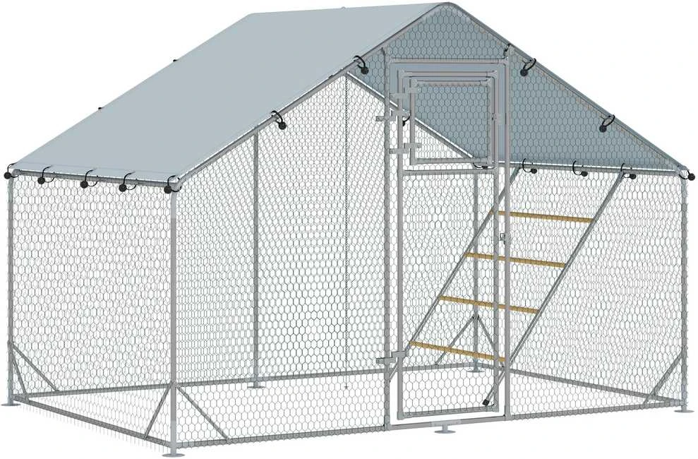 PawHut plieno vištidės voljeras, 300 x 200 x 195 cm, vištidė su UV spinduliams atspariu stogeliu, šėrimo durelėmis, pakabinama šėrykla, laktomis, aptvaras 6-8 vištoms, smulkiesiems gyvūnams, sidabrinė