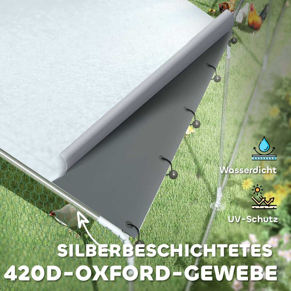 PawHut vištidė su voljeru, plieninė, 300 x 800 x 195 cm, vištų narvas su UV spinduliams atspariu stogeliu, šėrimo durelėmis, pakabinama šėrykla, laktomis, voljeras 24-30 vištų, smulkiems gyvūnams, sidabrinė