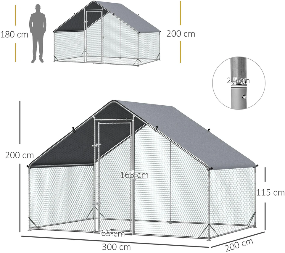 PawHut plieno vištidės voljeras, 300 x 200 x 200 cm vištų narvas su stogeliu, durelėmis, vištidė 4-6 vištoms, smulkiems gyvūnams, sidabrinė