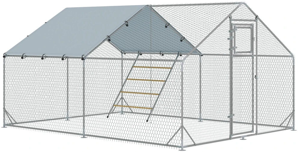 PawHut plieno vištidės lauko aptvaras, 300 x 400 x 195 cm vištų narvas su UV spinduliams atspariu stogeliu, durelėmis lesalui, pakabinama lesykla, laktomis, aptvaras 12–18 vištų, smulkiems gyvūnams, sidabrinės spalvos