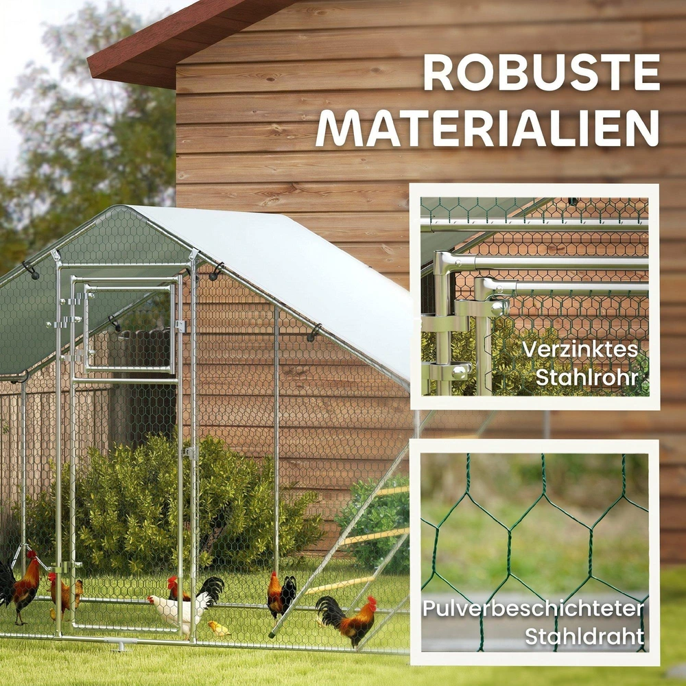 PawHut plieno vištidės voljeras, 300 x 200 x 195 cm, vištidė su UV spinduliams atspariu stogeliu, šėrimo durelėmis, pakabinama šėrykla, laktomis, aptvaras 6-8 vištoms, smulkiesiems gyvūnams, sidabrinė