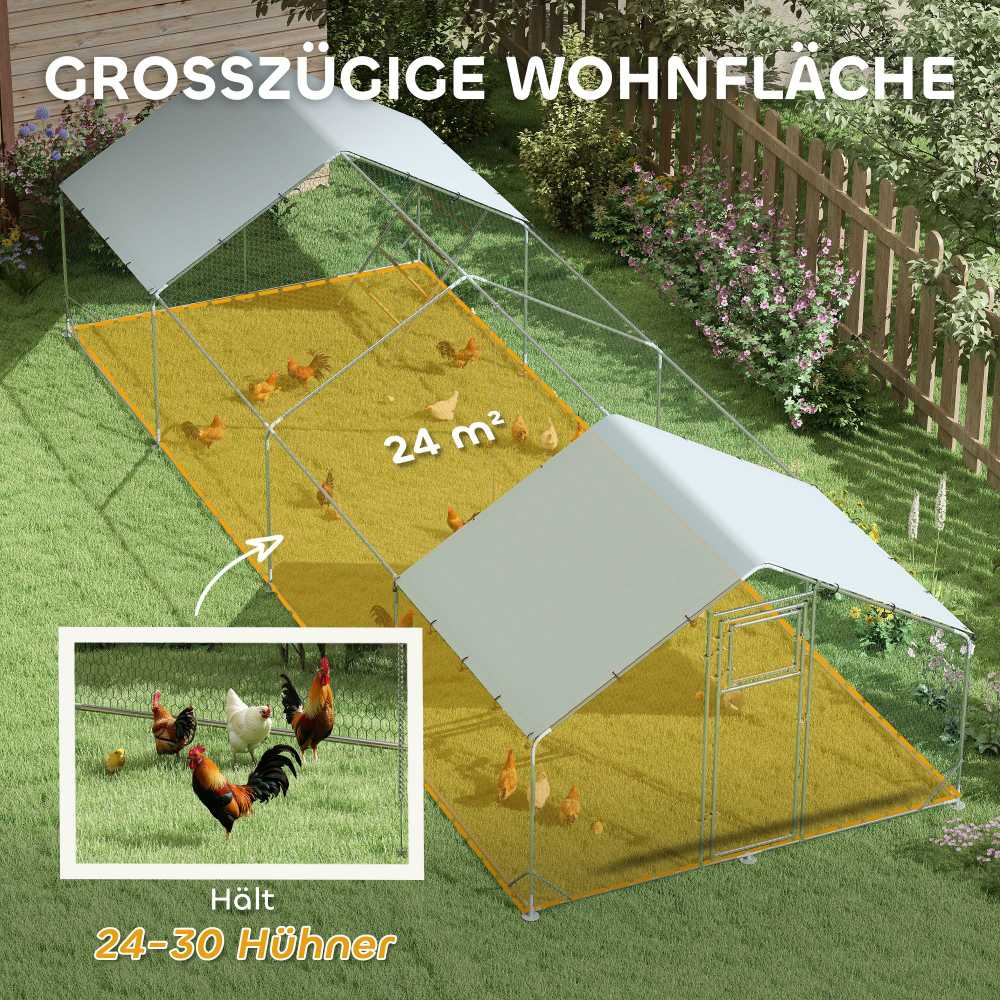 PawHut vištidė su voljeru, plieninė, 300 x 800 x 195 cm, vištų narvas su UV spinduliams atspariu stogeliu, šėrimo durelėmis, pakabinama šėrykla, laktomis, voljeras 24-30 vištų, smulkiems gyvūnams, sidabrinė