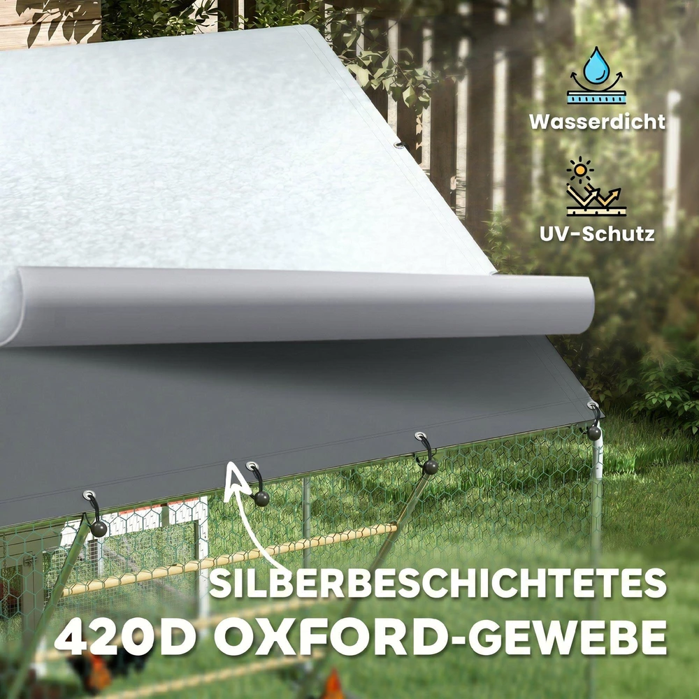 PawHut plieno vištidės voljeras, 300 x 200 x 195 cm, vištidė su UV spinduliams atspariu stogeliu, šėrimo durelėmis, pakabinama šėrykla, laktomis, aptvaras 6-8 vištoms, smulkiesiems gyvūnams, sidabrinė