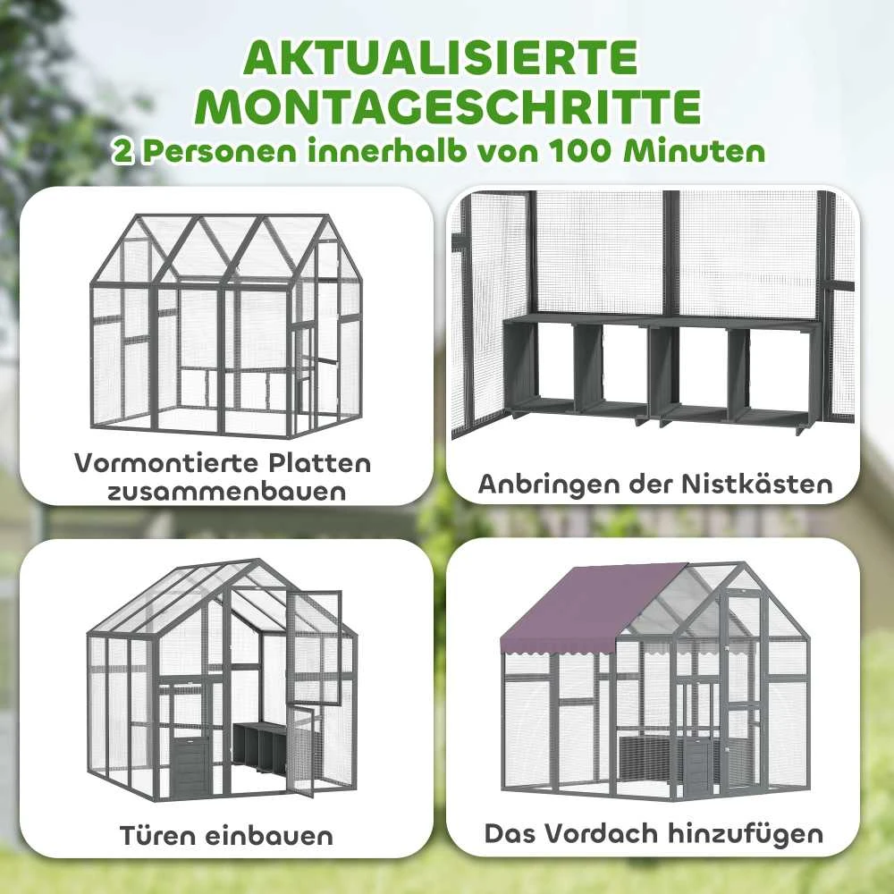 PawHut vištidė su voljeru 1,7x1,8x1,8 m, lauko aptvaras su užraktu, eglės mediena, vištidė su vandeniui atspariu, nuo UV spindulių apsaugančiu stogu, lauko paukštidė vištoms, 6-8 vištoms, antims, triušiams, pilka
