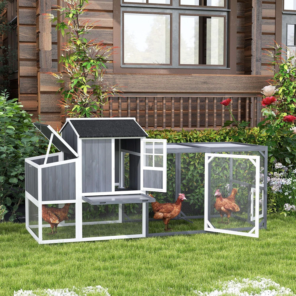 PawHut vištidė, 236,5 x 91 x 114 cm, aptvaras su lizdų dėže, voljeras, medinis namelis vištoms su 2 laktomis, vandeniui atspari danga, 3-4 vištoms, pilka