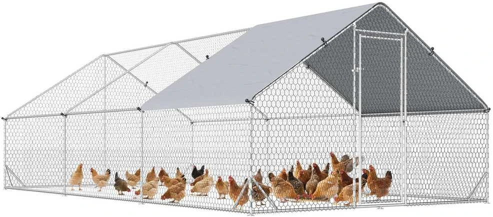 PawHut XXL lauko vištidė su voljeru, stogeliu nuo saulės ir spyna, tinkama 12-18 vištų, ančių, triušių, plieninė, 3 x 6 x 2 m
