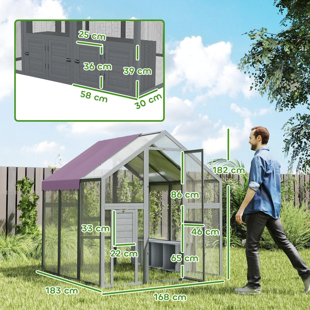 PawHut vištidė su voljeru 1,7x1,8x1,8 m, lauko aptvaras su užraktu, eglės mediena, vištidė su vandeniui atspariu, nuo UV spindulių apsaugančiu stogu, lauko paukštidė vištoms, 6-8 vištoms, antims, triušiams, pilka