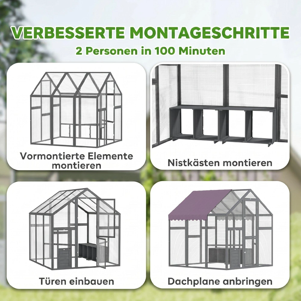 PawHut vištidė su voljeru 1,7x1,8x1,8 m, lauko aptvaras su užraktu, eglės mediena, vištidė su vandeniui atspariu, nuo UV spindulių apsaugančiu stogu, lauko paukštidė vištoms, 6-8 vištoms, antims, triušiams, pilka