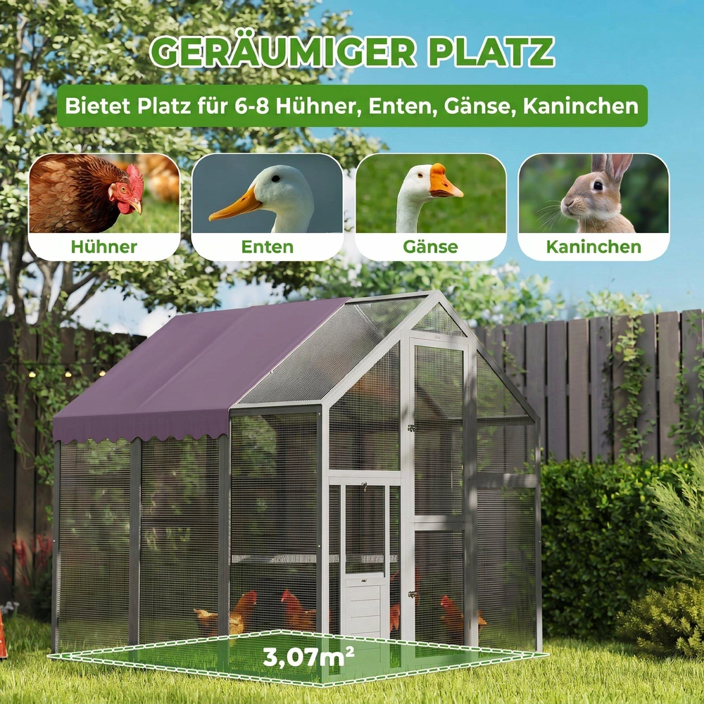 PawHut vištidė su voljeru 1,7x1,8x1,8 m, lauko aptvaras su užraktu, eglės mediena, vištidė su vandeniui atspariu, nuo UV spindulių apsaugančiu stogu, lauko paukštidė vištoms, 6-8 vištoms, antims, triušiams, pilka