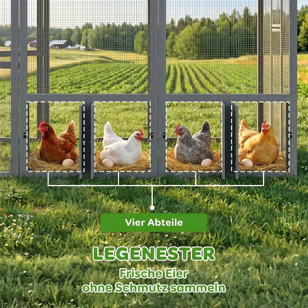 PawHut vištidė su voljeru 1,7x1,8x1,8 m, lauko aptvaras su užraktu, eglės mediena, vištidė su vandeniui atspariu, nuo UV spindulių apsaugančiu stogu, lauko paukštidė vištoms, 6-8 vištoms, antims, triušiams, pilka