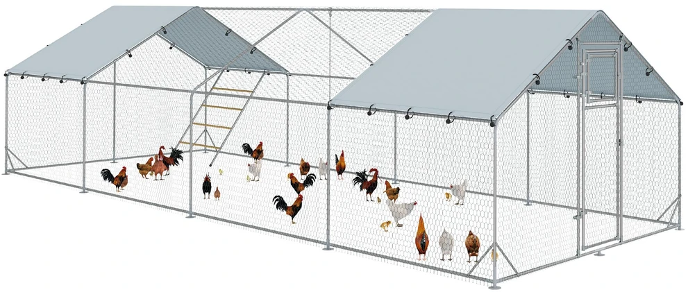 PawHut vištidė su voljeru, plieninė, 300 x 800 x 195 cm, vištų narvas su UV spinduliams atspariu stogeliu, šėrimo durelėmis, pakabinama šėrykla, laktomis, voljeras 24-30 vištų, smulkiems gyvūnams, sidabrinė