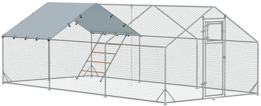 PawHut vištidė su voljeru, plieno, 300 x 600 x 195 cm, vištų narvas su UV spinduliams atspariu stogeliu, durelėmis šėrimui, pakabinama šėrykla, laktomis, vištidė 18-24 vištoms, smulkiems gyvūnams, sidabrinė