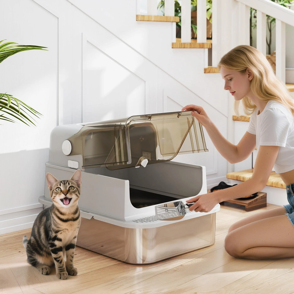 PawHut XXL nerūdijančio plieno kačių tualetas su atverčiamu dangčiu, kačių kraiko dėžė su semtuvėliu, didelėms katėms iki 12 kg, lengvai valomas