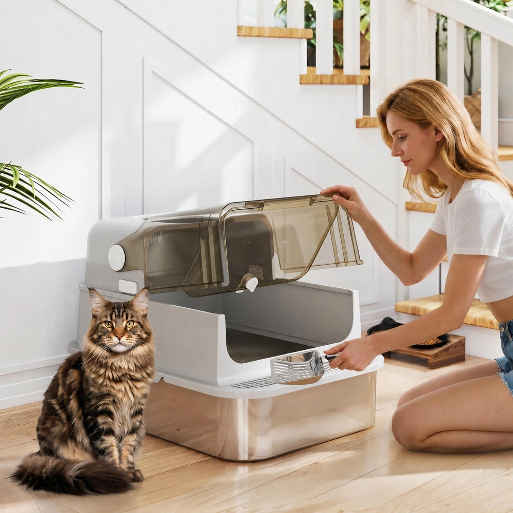 PawHut XXL nerūdijančio plieno kačių tualetas su atverčiamu dangčiu, kačių kraiko dėžė su semtuvėliu, didelėms katėms iki 12 kg, lengvai valomas