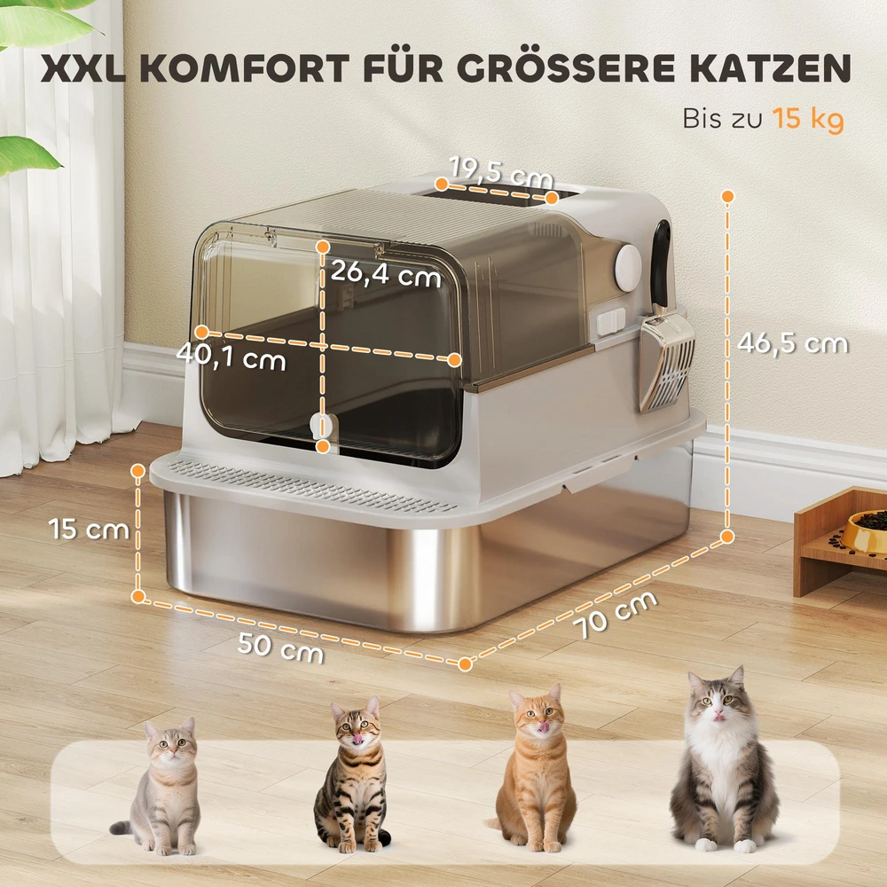 PawHut XXL nerūdijančio plieno kačių tualetas su atverčiamu dangčiu, kačių kraiko dėžė su semtuvėliu, didelėms katėms iki 12 kg, lengvai valomas