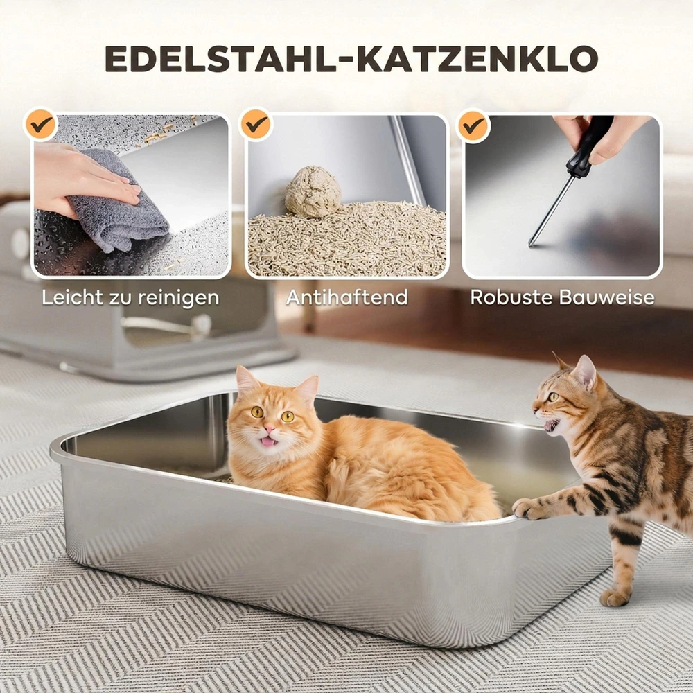 PawHut XXL nerūdijančio plieno kačių tualetas su atverčiamu dangčiu, kačių kraiko dėžė su semtuvėliu, didelėms katėms iki 12 kg, lengvai valomas