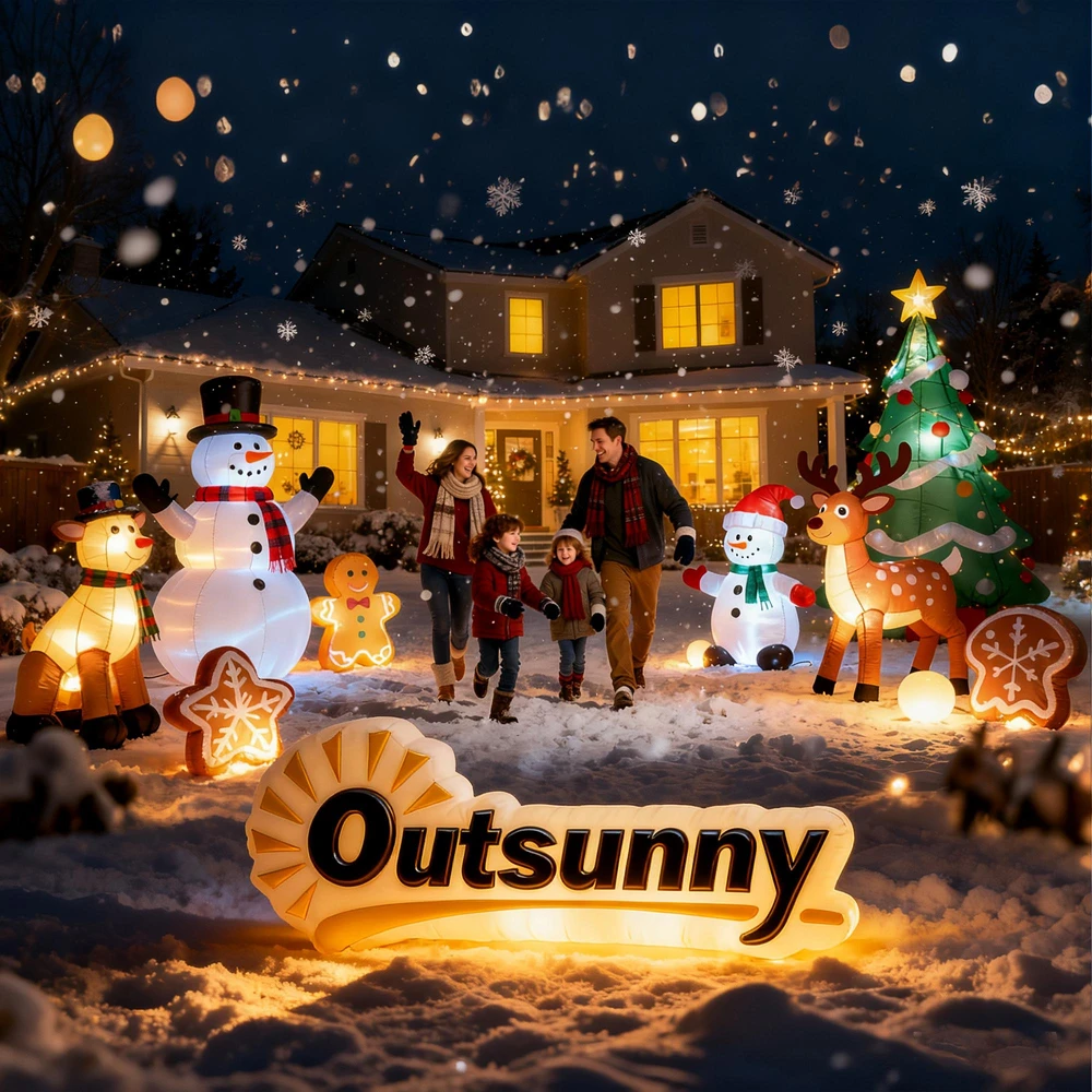 Pripučiama sniego senių šeima Outsunny, 1,8 m, kalėdinė dekoracija su LED apšvietimu vidaus ir lauko erdvėms