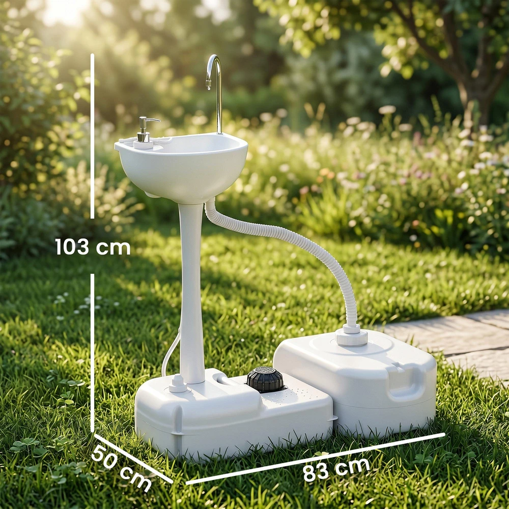 Outsunny stovyklavimo praustuvė, rankų plautuvė su nuotekų surinkimo talpa, 17 l vandens bakas, mobilioji plautuvė su dozatoriumi, HDPE, pilka, 83 x 50 x 103 cm