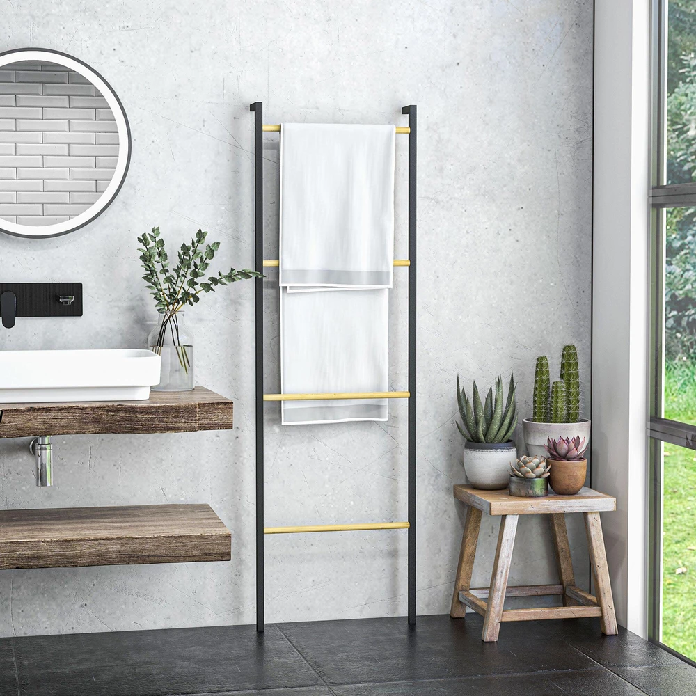 Homcom Rankšluosčių kopėčios 49 x 167,5 cm Rankšluosčių laikiklis su 4 strypais, taupantis vietą, skirtas rankšluosčiams, drabužiams, antklodėms, laikraščiams, plienas, juodas