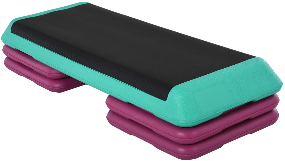 HOMCOM aerobikos ir fitneso treniruoklis stepo platforma, reguliuojamo aukščio 10 cm/15 cm/20 cm, PVC PP, juoda+žalia+violetinė, 110 x 40 x 20 cm
