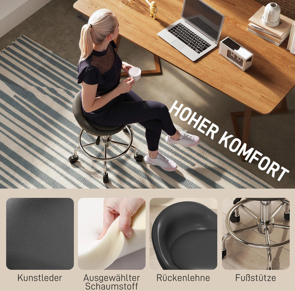 Reguliuojamo aukščio kėdė su ratukais HOMCOM, su atlošu, besisukanti 360°, 59-75 cm, darbo kėdė, biuro kėdė biurui, salonui, masažui, SPA, juoda