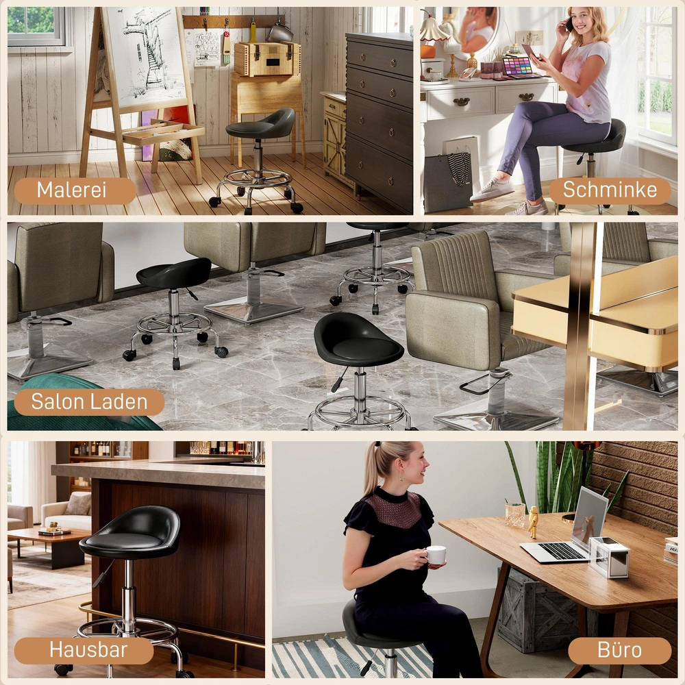 Reguliuojamo aukščio kėdė su ratukais HOMCOM, su atlošu, besisukanti 360°, 59-75 cm, darbo kėdė, biuro kėdė biurui, salonui, masažui, SPA, juoda