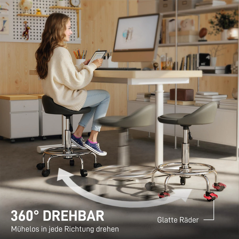 Reguliuojamo aukščio kėdė su ratukais HOMCOM, su atlošu, besisukanti 360°, 59-75 cm, darbo kėdė, biuro kėdė biurui, salonui, masažui, SPA, juoda