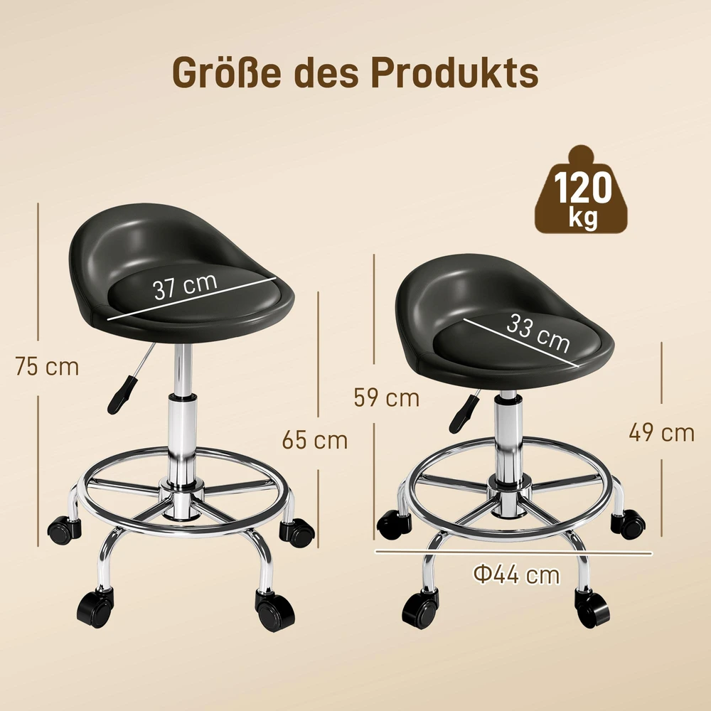 Reguliuojamo aukščio kėdė su ratukais HOMCOM, su atlošu, besisukanti 360°, 59-75 cm, darbo kėdė, biuro kėdė biurui, salonui, masažui, SPA, juoda
