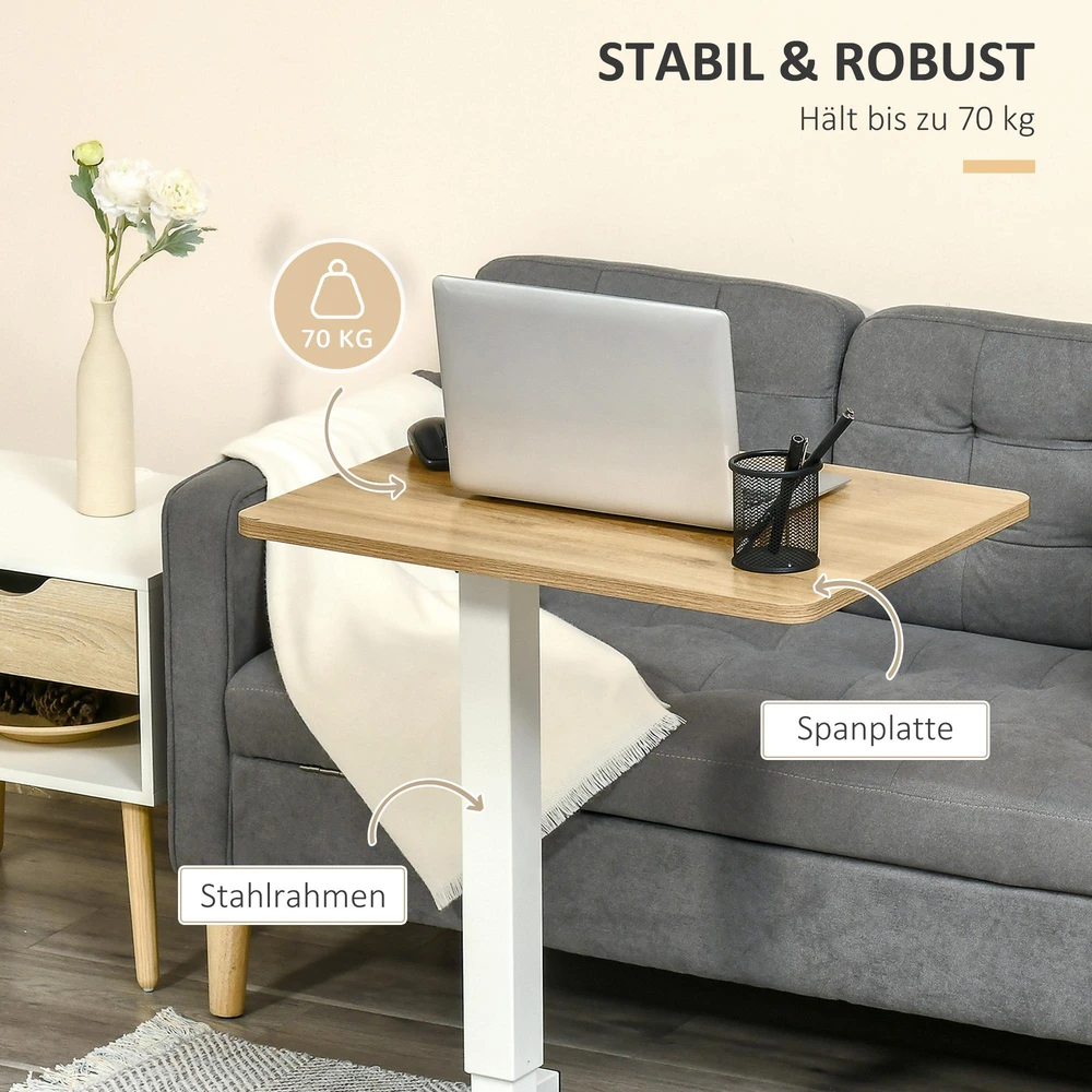 Reguliuojamo aukščio sėdimas ir stovimas stalas HOMCOM su ratukais, C formos, taupantis vietą, nešiojamojo kompiuterio stalas, natūralus + baltas, 70-110 cm, iki 70 kg