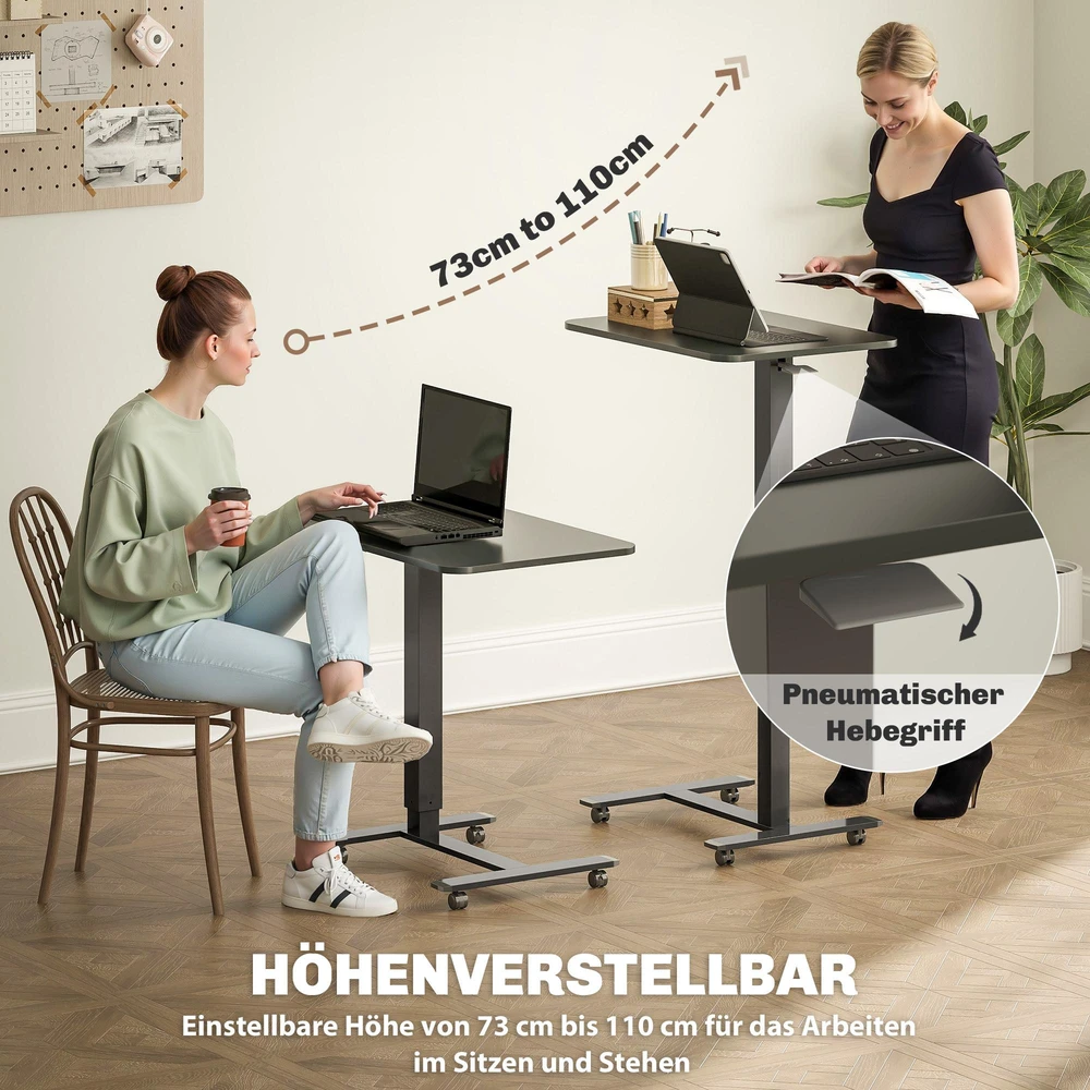 Reguliuojamo aukščio stovimas stalas HOMCOM su 4 ratukais, C formos, 65 cm x 48 cm x 70-110 cm, juodas