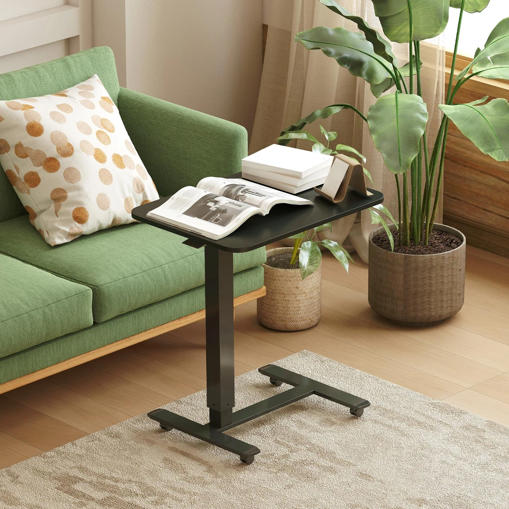 Reguliuojamo aukščio stovimas stalas HOMCOM su 4 ratukais, C formos, 65 cm x 48 cm x 70-110 cm, juodas
