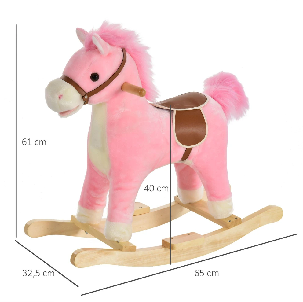 Homcom Rožinis supamasis arklys Pliušinis supamasis gyvūnas su gyvūnų garsais, žaislas 36-72 mėn., 65x32,5x61 cm