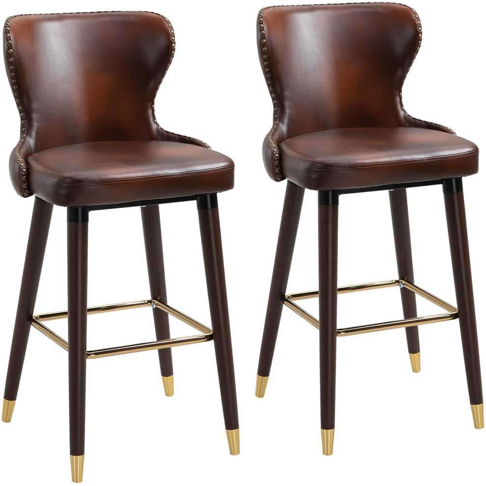 HOMCOM baro kėdžių rinkinys, 2 vnt., elegantiška baro kėdė su kojų atrama ir atlošu, bistro kėdė, valgomojo kėdė, PU oda, ruda, 52x53x101 cm