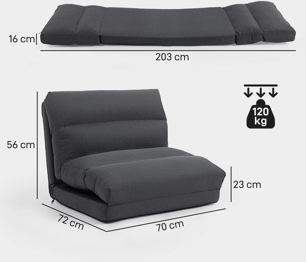 Sėdmaišis su miegamąja funkcija, atlošiamas, sulankstomas, iki 120 kg, 70 x 72 x 56 cm, tamsiai pilkas
